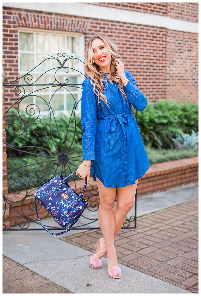 blush and camo, draper james, chambray dress, pink heels, spring style, fashion blogger style, denim dress, shirt dress. red lip 