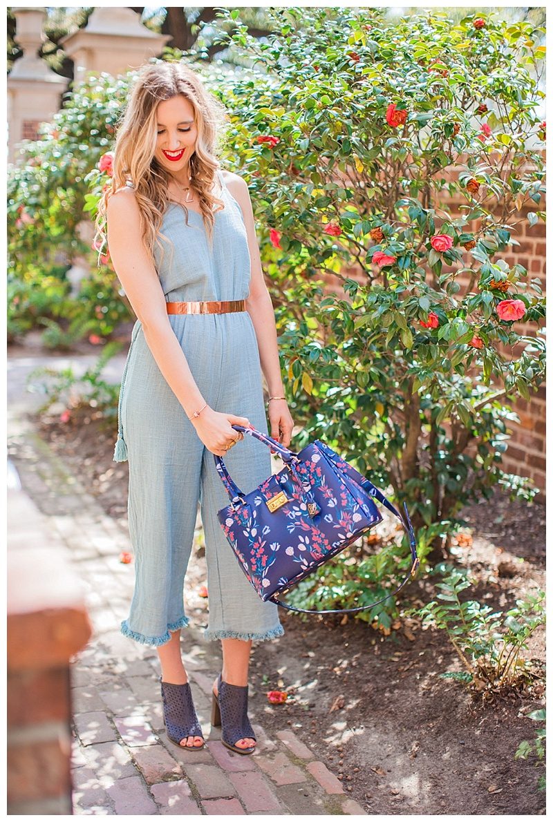 blush and camo, spring trend, romper, style tips, shop maude, romper, booties, draper james handbag