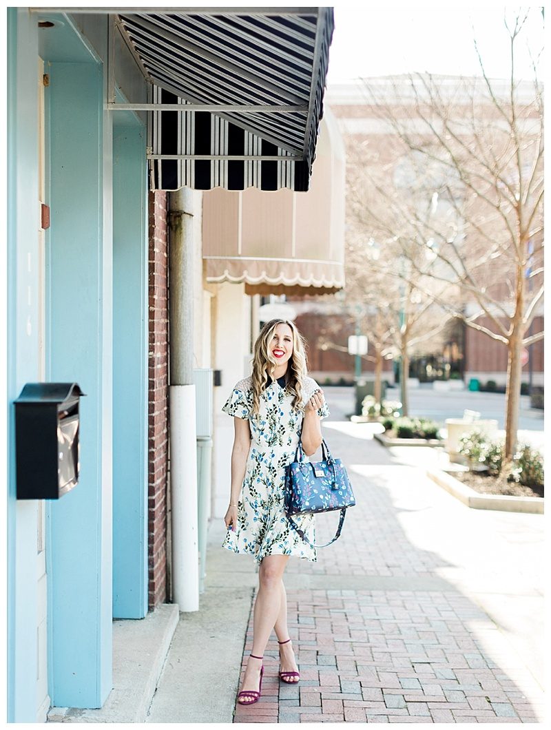 blush and camo, draper james, draper james dress, spring outfit, spring style, floral dress, block heels, draper james handbag, navy dress, blog tips, how to find balance 