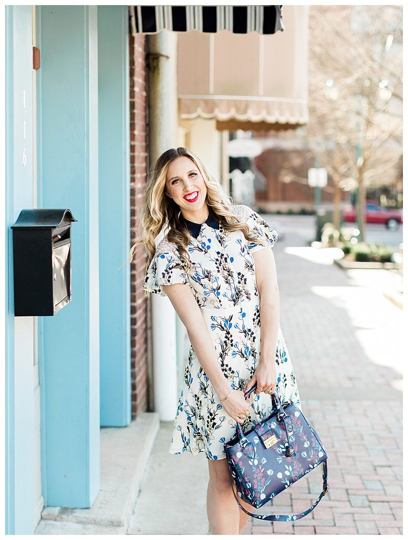 blush and camo, draper james, draper james dress, spring outfit, spring style, floral dress, block heels, draper james handbag, navy dress, blog tips, how to find balance 