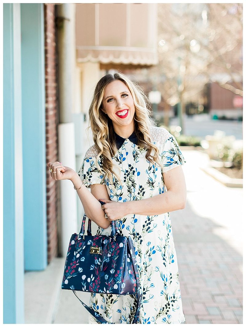 blush and camo, draper james, draper james dress, spring outfit, spring style, floral dress, block heels, draper james handbag, navy dress, blog tips, how to find balance 