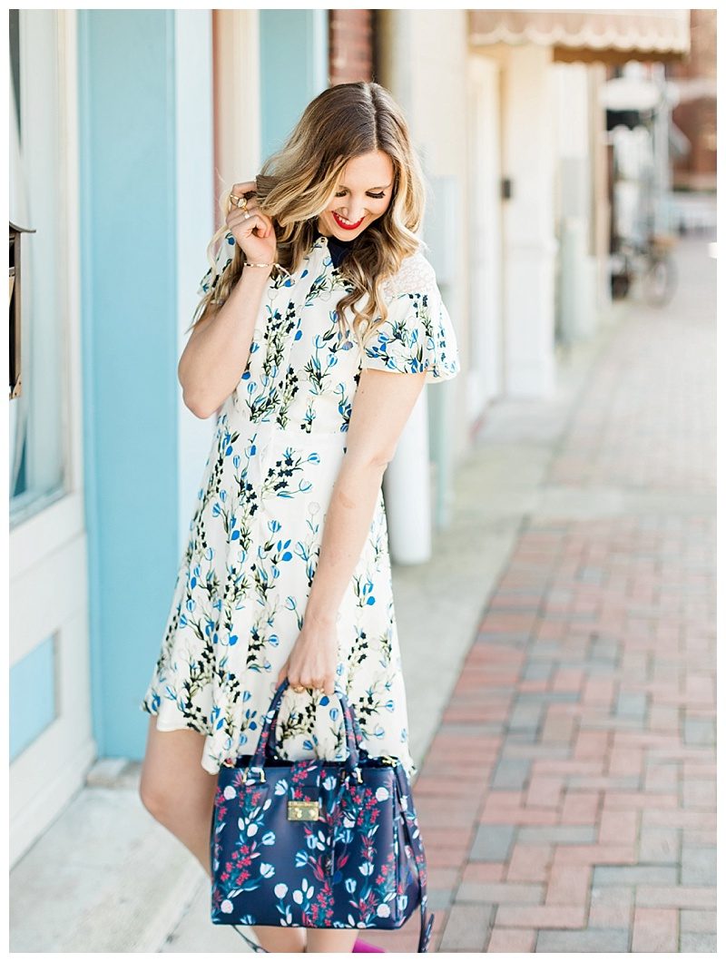 blush and camo, draper james, draper james dress, spring outfit, spring style, floral dress, block heels, draper james handbag, navy dress, blog tips, how to find balance 