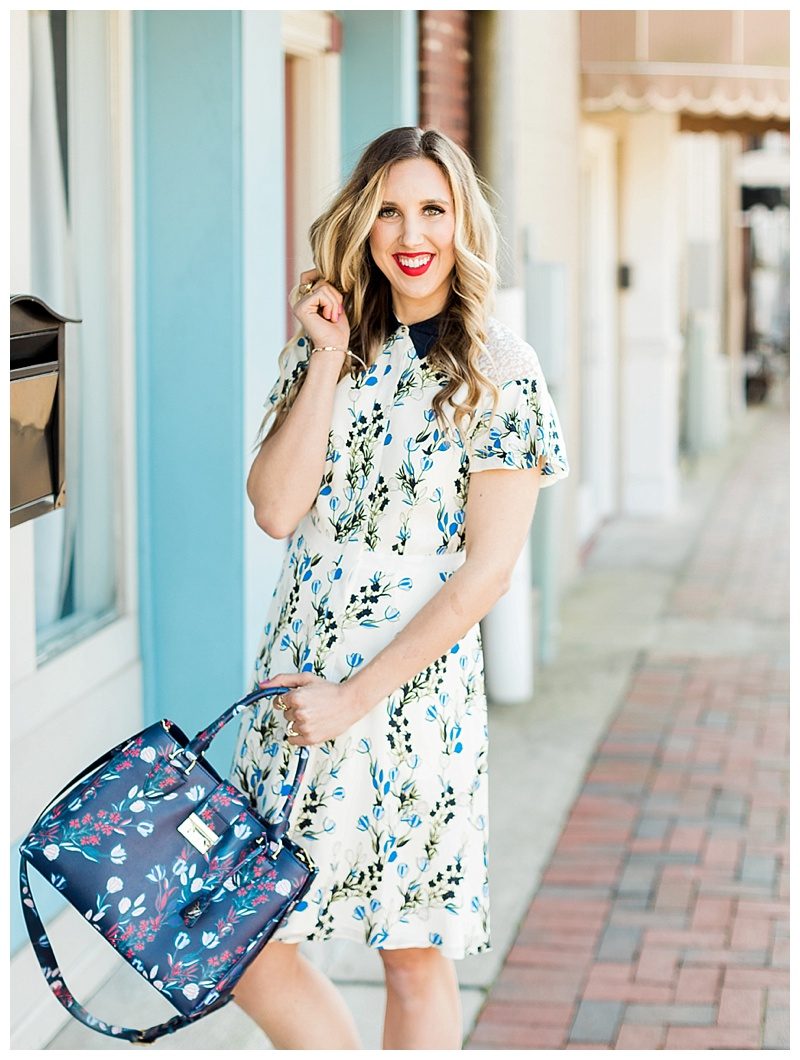 blush and camo, draper james, draper james dress, spring outfit, spring style, floral dress, block heels, draper james handbag, navy dress, blog tips, how to find balance 