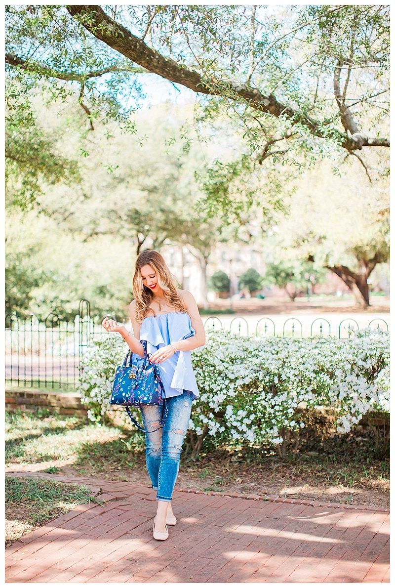 blush and camo, off the shoulder, trends, style tips, draper james handbag, spring fashion 