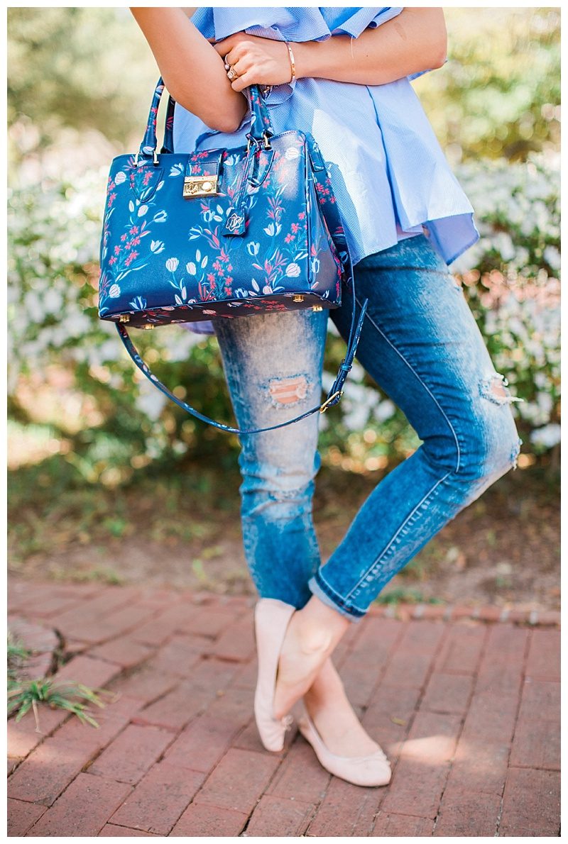 blush and camo, off the shoulder, trends, style tips, draper james handbag, spring fashion 