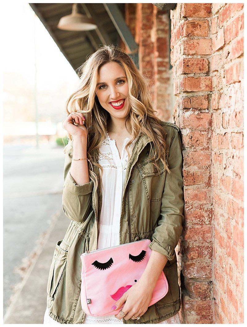 blush and camo, style tips, style tip, fashion blogger, dsw, pink heels, military jacket, spring style, how to style, spring outfit, pink clutch, feminine style, dark blonde hair