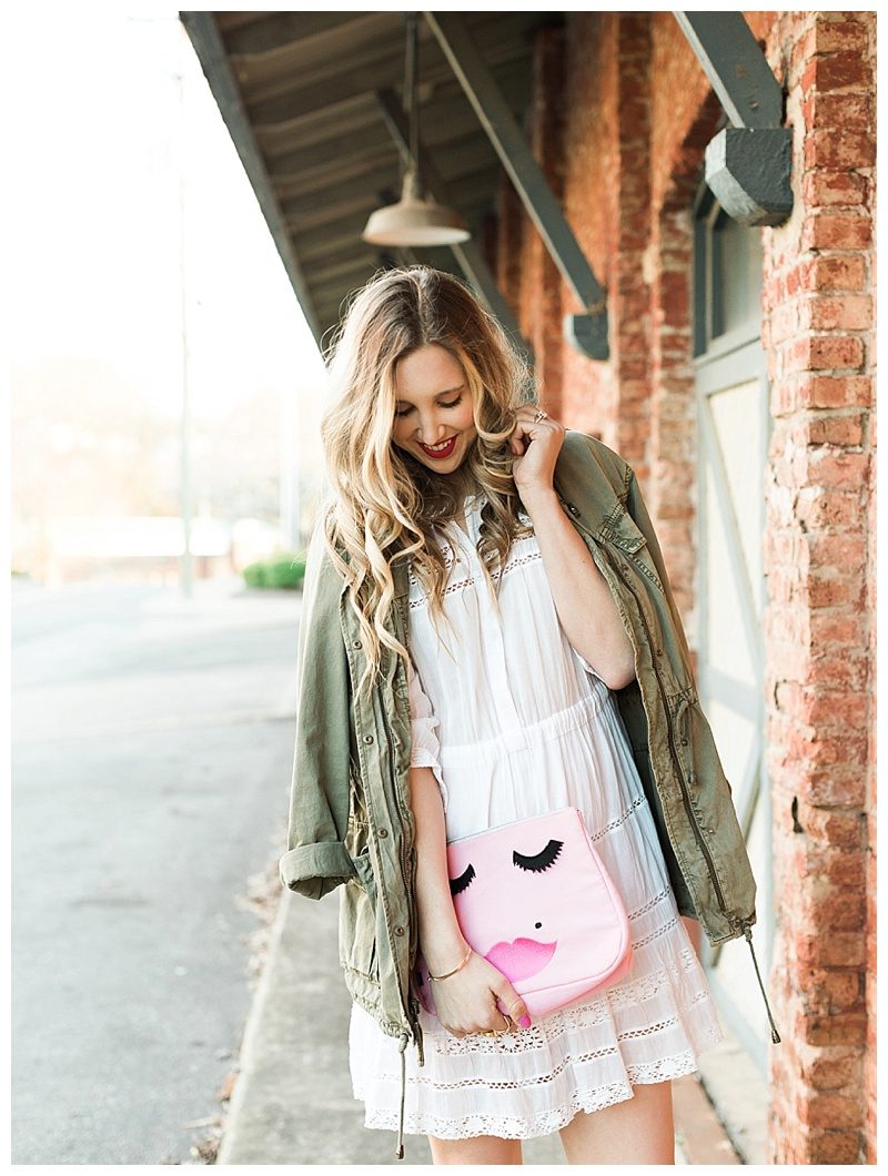 blush and camo, style tips, style tip, fashion blogger, dsw, pink heels, military jacket, spring style, how to style, spring outfit, pink clutch, feminine style, dark blonde hair