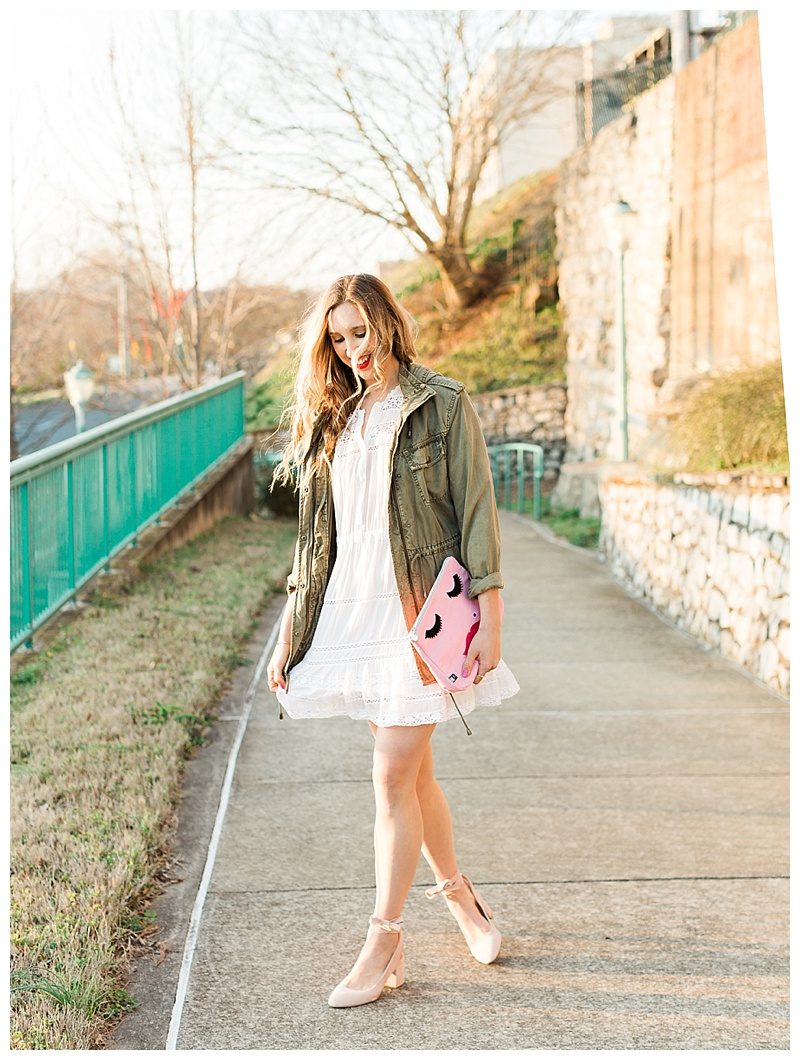 blush and camo, style tips, style tip, fashion blogger, dsw, pink heels, military jacket, spring style, how to style, spring outfit, pink clutch, feminine style, dark blonde hair