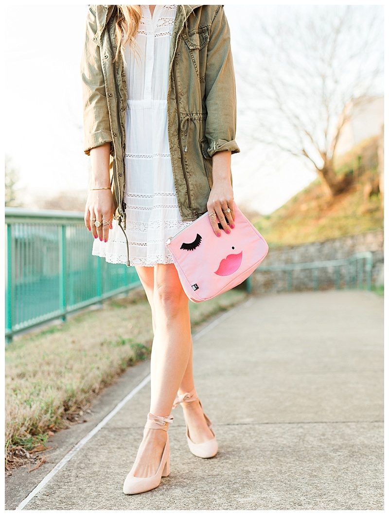 blush and camo, style tips, style tip, fashion blogger, dsw, pink heels, military jacket, spring style, how to style, spring outfit, pink clutch, feminine style, dark blonde hair