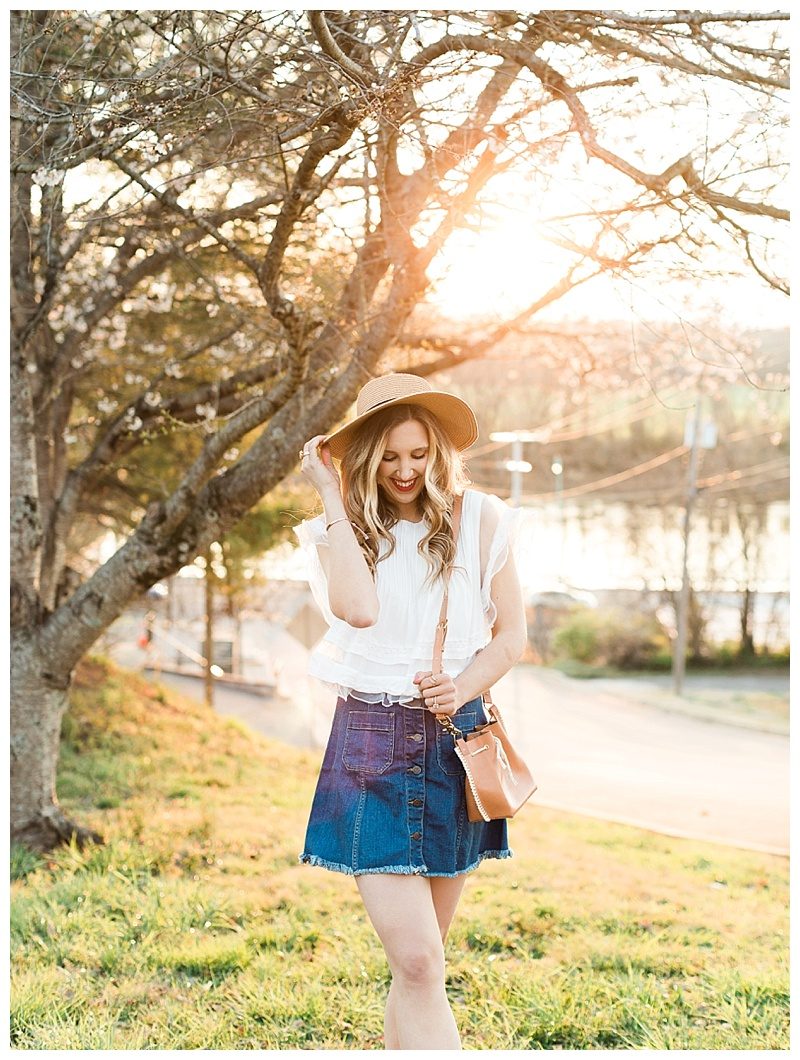 blush and camo, style tips, how to style, wardrobe classics, jean skirt 