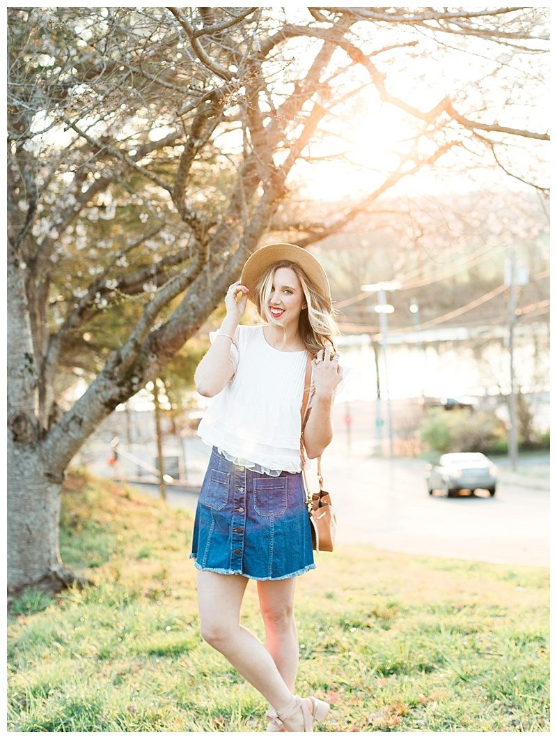 blush and camo, style tips, how to style, wardrobe classics, jean skirt 