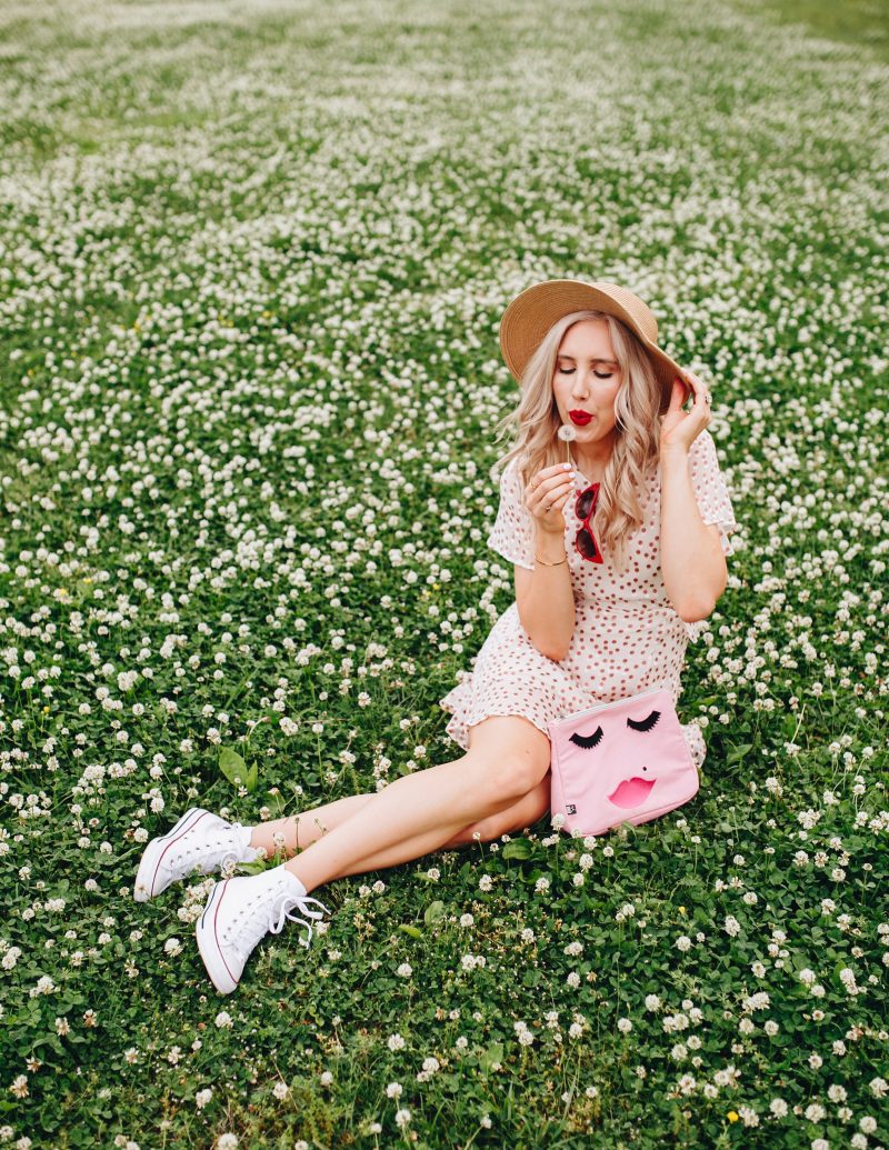 blush & camo, style change, polka dot dress, converse shoes, boater hat, red lip, summer dress, casual summer dress, polka dots, ASTR dress