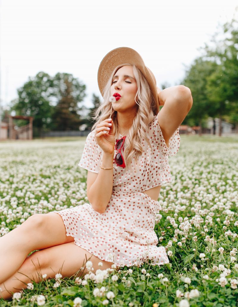 blush & camo, style change, polka dot dress, converse shoes, boater hat, red lip, summer dress, casual summer dress, polka dots, ASTR dress